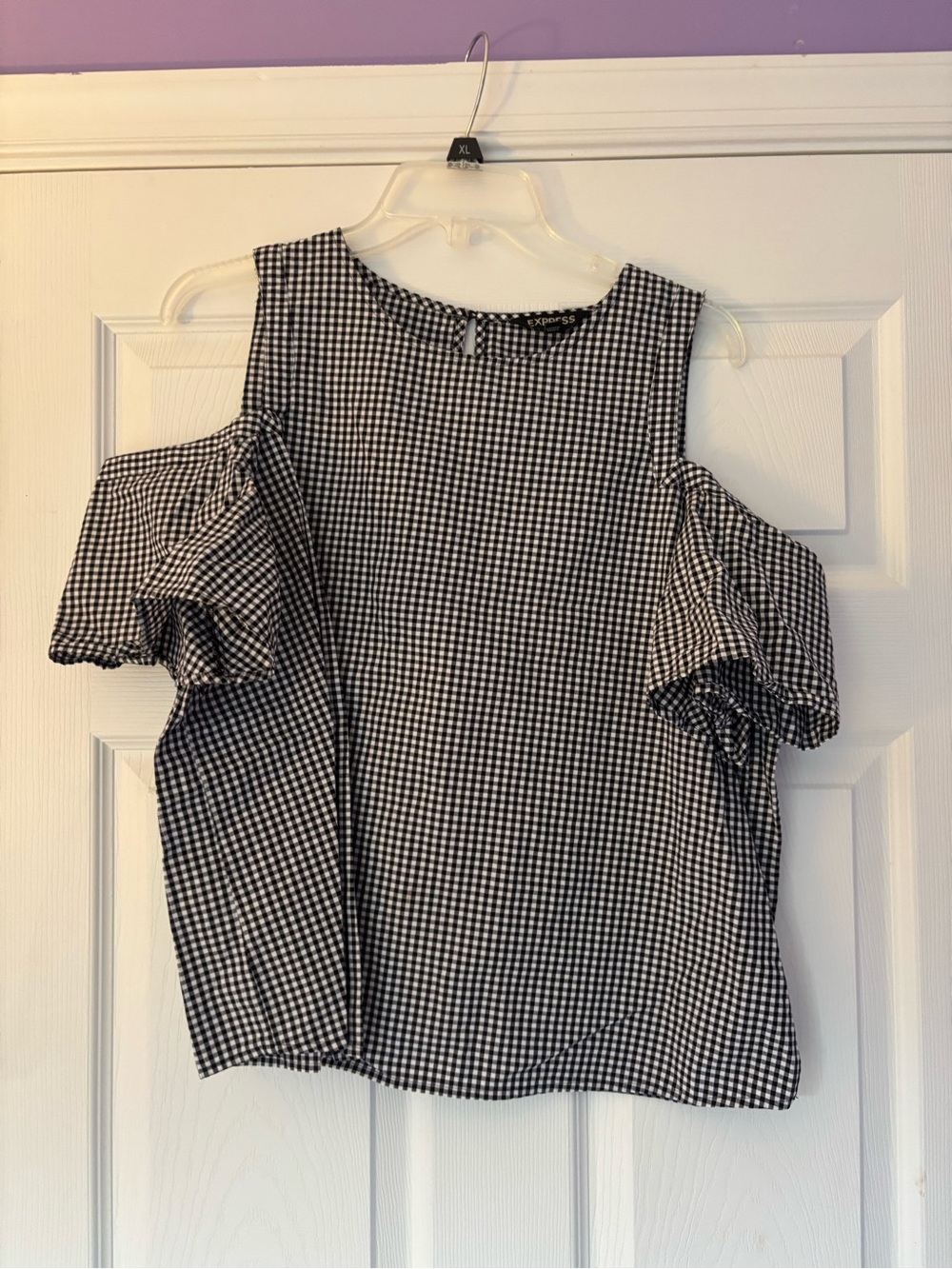 Express Black and White Gingham Cold-Shoulder Top